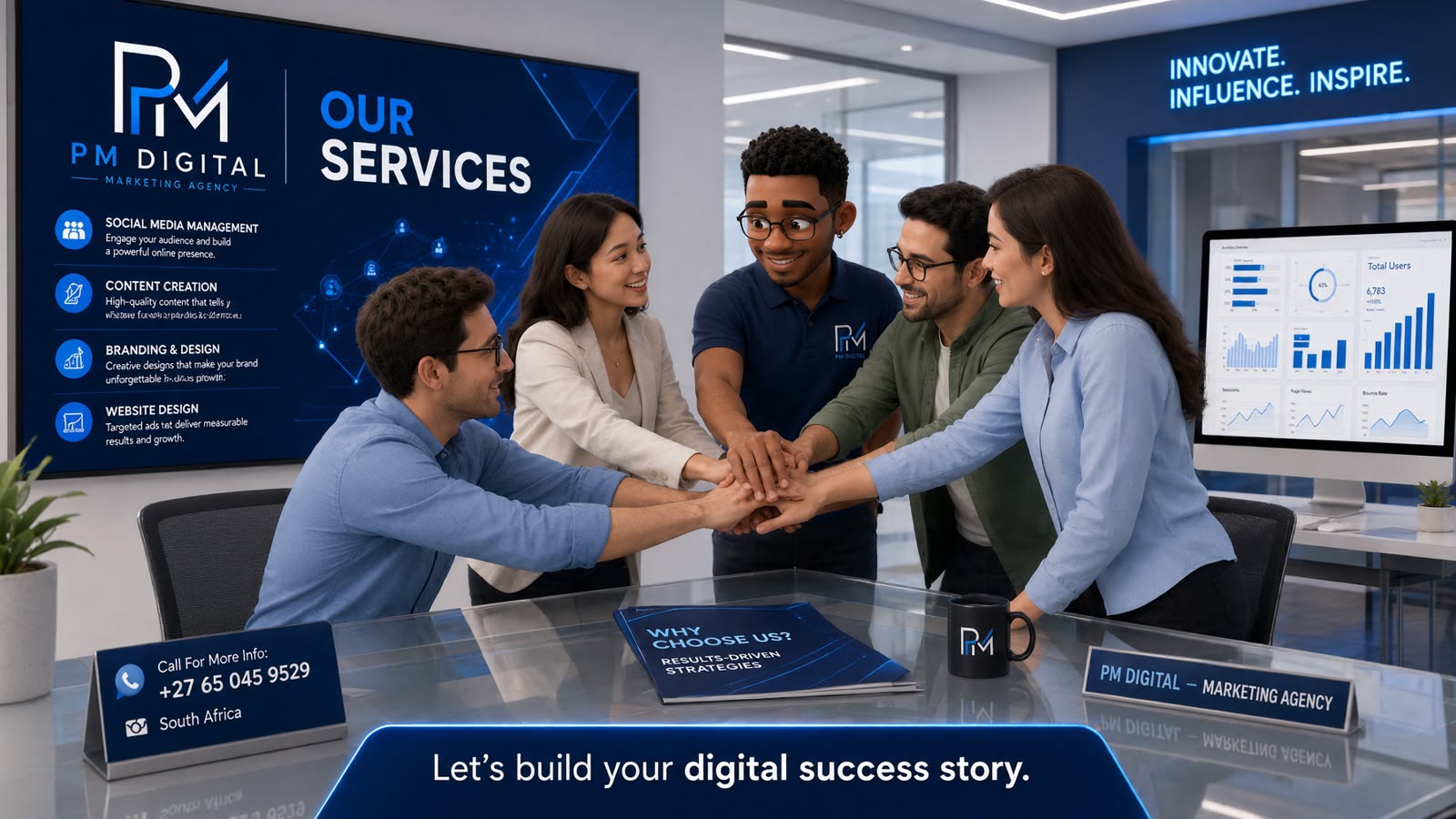 The PM Digital Marketing team collaborating around a strategy table